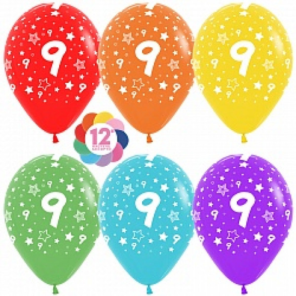 Шар воздушный ДБ 12*/30см 331096 Цифра 9 звезды 12шт уп