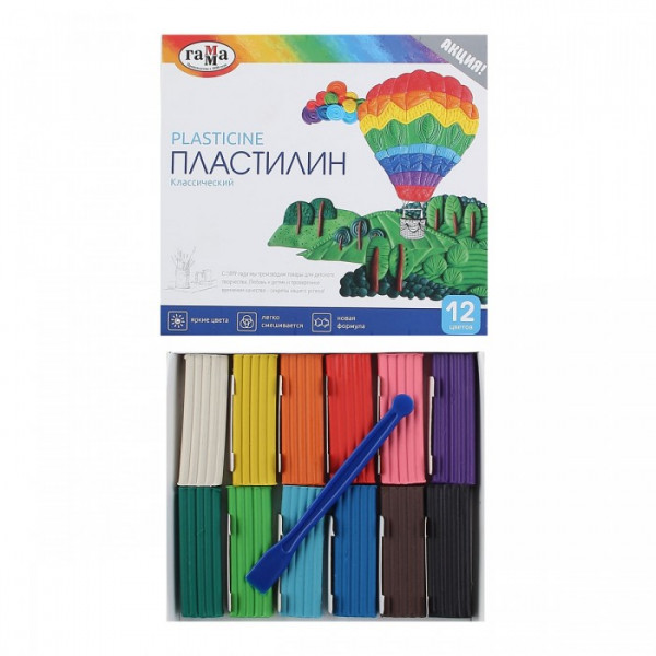 Пластилин 12цв 240гр Гамма Классический со стеком к/к 281033