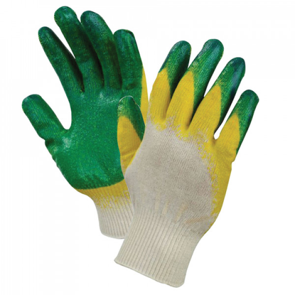 Перчатки хлопчатобумажные двойной латексный облив желто-зеленые
