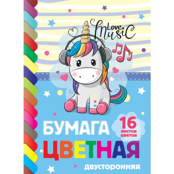 Цветная бумага двустор 16л 16цв HATBER ECO 16Бц4_19509 ECO Love Music