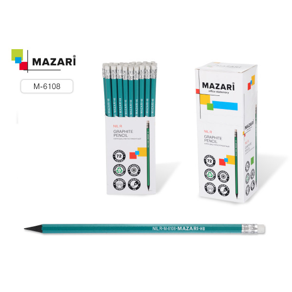 Карандаш ч/гр пластик НВ MAZARI M-6108 NIL R с ластиком