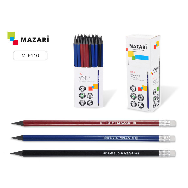 Карандаш ч/гр пластик НВ MAZARI М-6110 с ластиком цв корпус