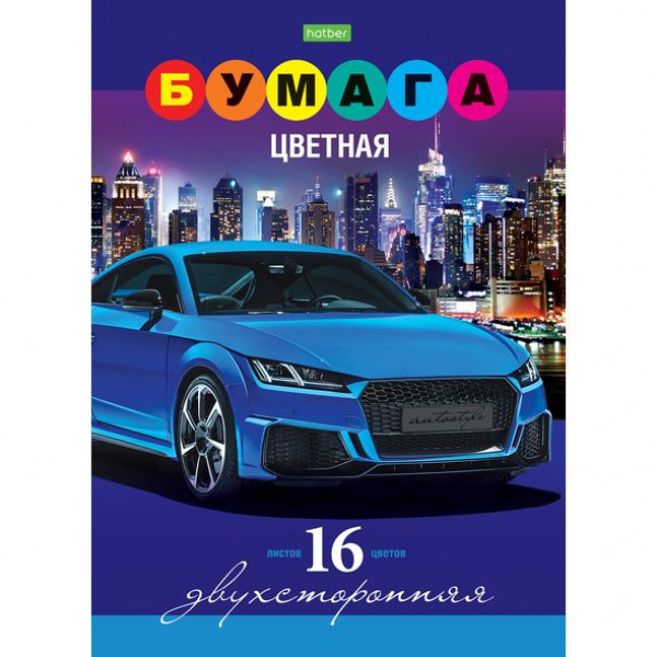Цветная бумага двустор 16л 16цв HATBER ECO 16Бц4_21086 Авто обл мелов картон
