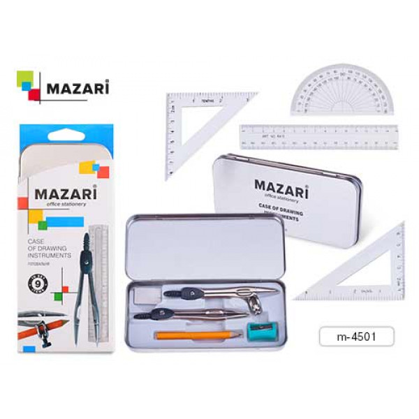 Готовальня 9пр MAZARI M-4501 металлический футляр