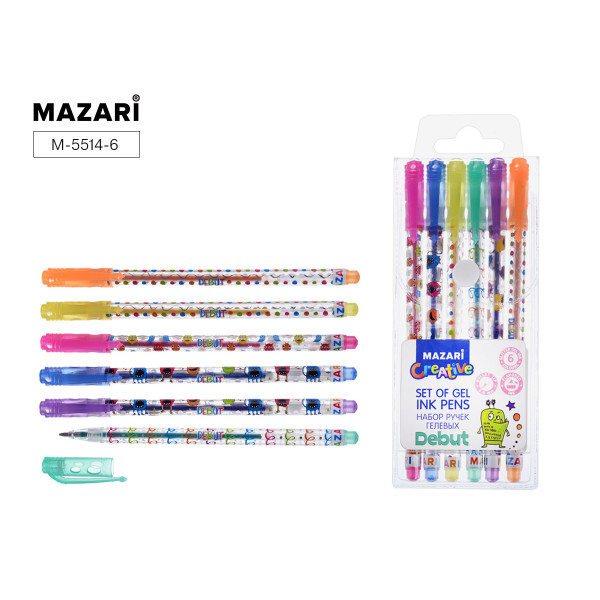 Набор гелевых ручек 6цв MAZARI DEBUT М-5514-6 0.8мм с блестками
