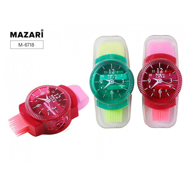Точилка пластик 1 отв MAZARI M-6718 WATCH(часы) с ластиком контейнером
