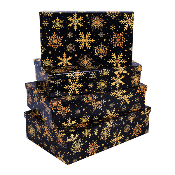 Коробка подар 4 в 1 Миленд КОР-1979 Золотые снежинки на черном