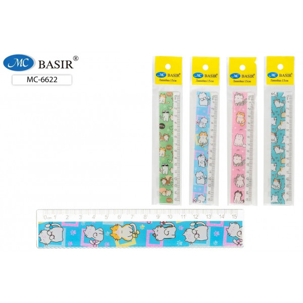 Линейка пластик 15см Basir МС-6622 Кошка
