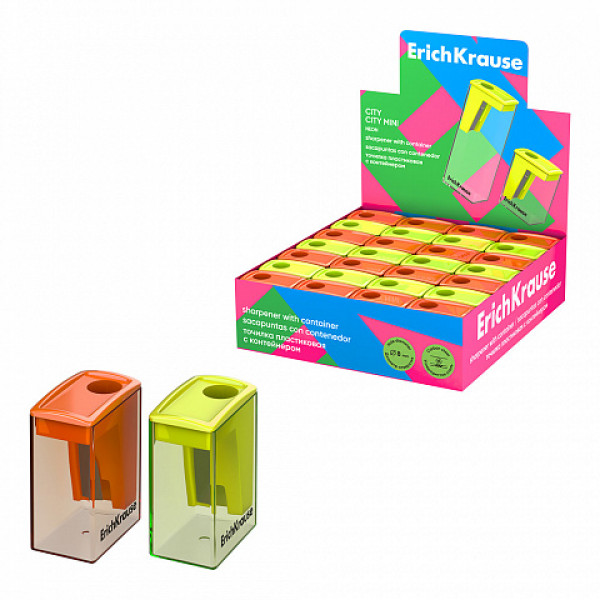 Точилка пластик 1 отв.ERICH KRAUSE City Mini Neon 60020 28шт/уп