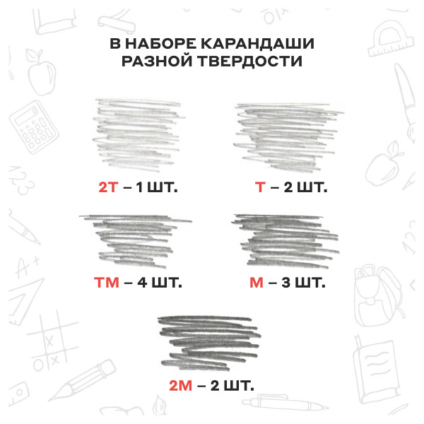Карандаш ч/гри чернографитные КРАСИН, набор 12 шт , "Конструктор", 2Т (2H), Т(H)-2, ТМ (HB)-4, М (B)-3, 2М (2B)-2, С-358