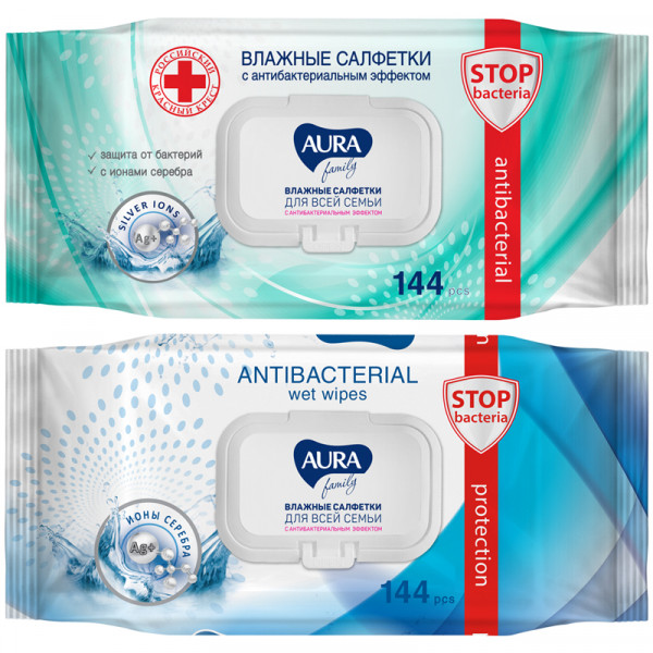 Салфетки влажные AURA FAMILY big-pack с крышкой 144 шт антибактериальные