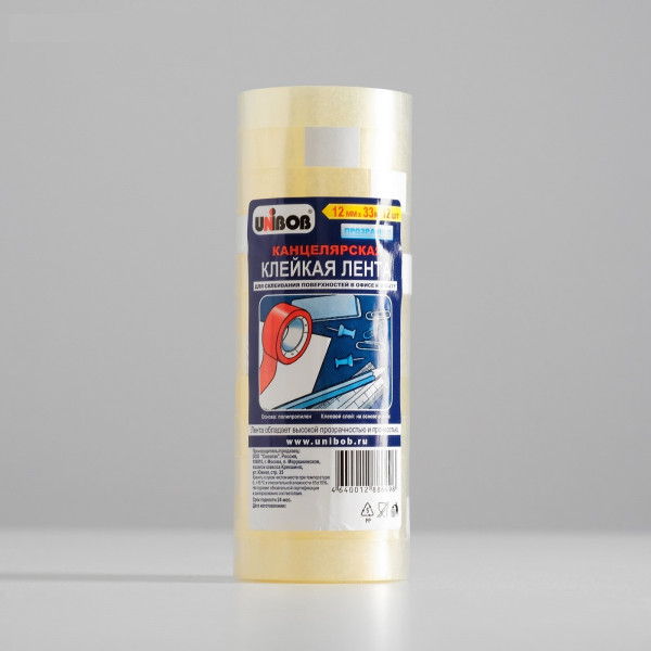 Клейкая канцелярская лента 12*33 UNIBOB 72793 35мкр прозрачная 12шт/уп