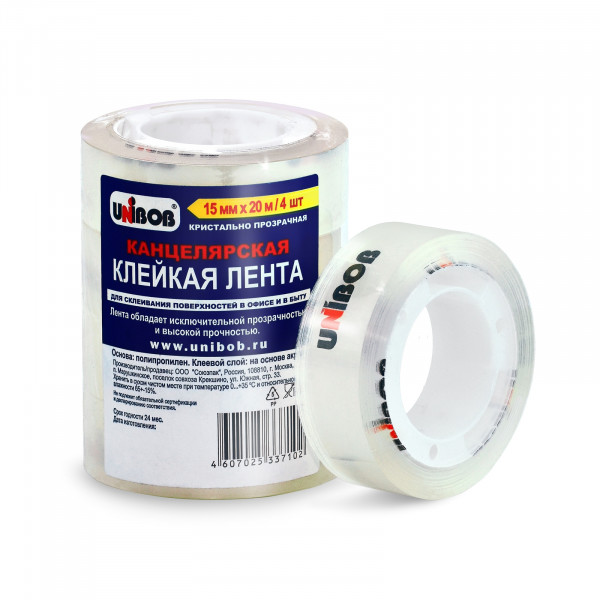 Клейкая канцелярская лента 15*10 UNIBOB 51330 35мкр прозрачная 10шт/уп