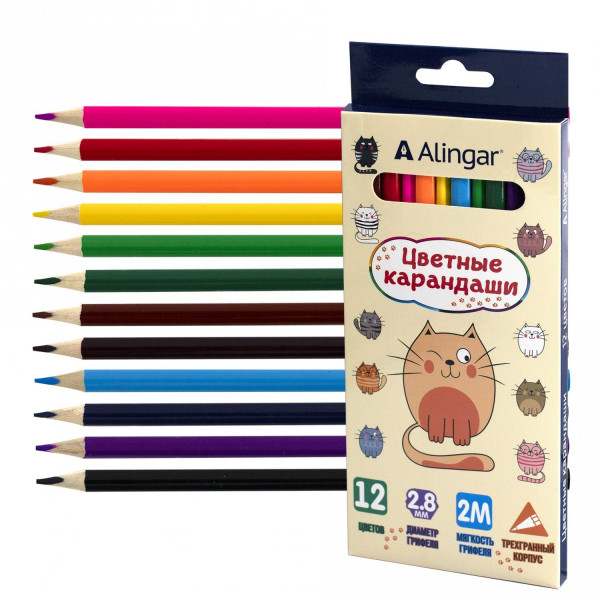 Карандаши 12цв Alingar AL-11074-12 Котята трехгран грифель