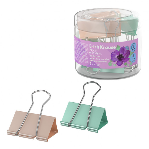 Зажим для бумаг 32мм ERICH KRAUSE Pastel Bloom 62070 ассорти 9шт/уп