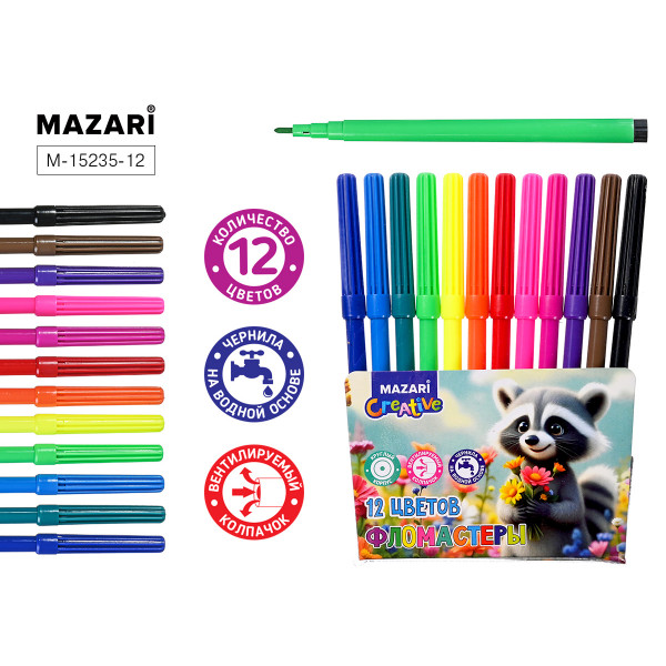 Фломастеры 12цв MAZARI M-15235-12 Енот ПВХ-уп