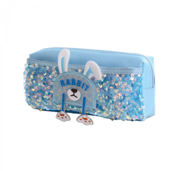 Пенал-косметичка ALINGAR AL-11359/2 90х200 мм, "Rabbit", голубой, ПВХ, пайетки, молния, боковой карм
