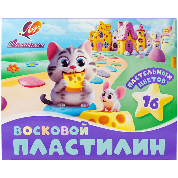 Пластилин восковой 16цв 240гр Луч Фантазия пастельный 35С 2291-08 со стеком 14шт/кор