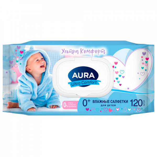 Салфетки влажные 120 шт., для детей, AURA "Ultra Comfort" с алоэ и витамином Е, крышка-клапан, 14847