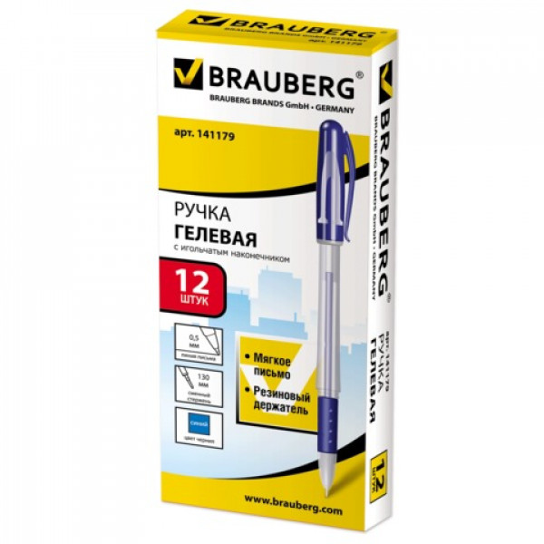 Ручка гелевая 0.5 Brauberg Geller 141179 прозр корп игольч резин держ синяя