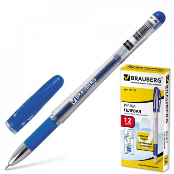 Ручка гелевая 0.5 Brauberg Geller 141179 прозр корп игольч резин держ синяя