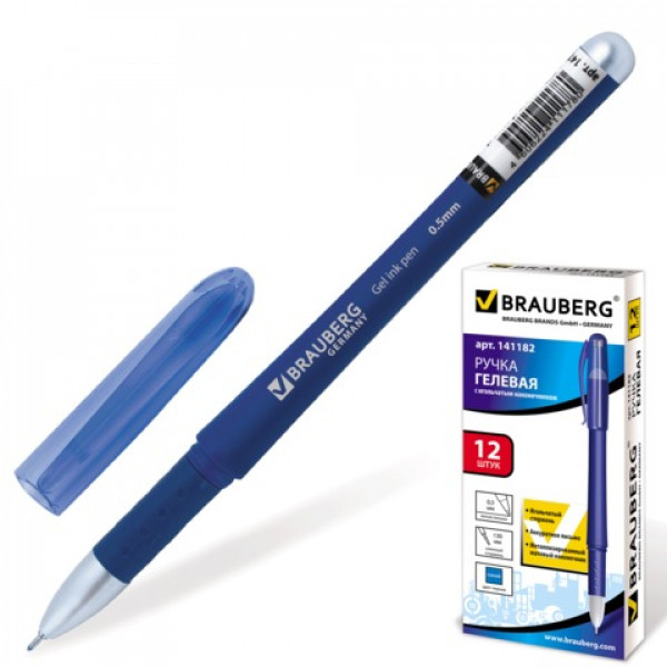 Ручка гелевая 0.5 Brauberg "Impulse", корпус синий, игольчатый пишущий узел 0,5 мм, резин держ , синяя, 141182