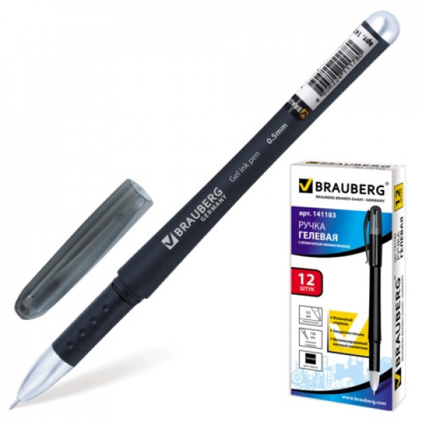 Ручка гелевая 0.5 Brauberg "Impulse", корпус черный, игольчатый пишущий узел 0,5 мм, резин держ , черная, 141183