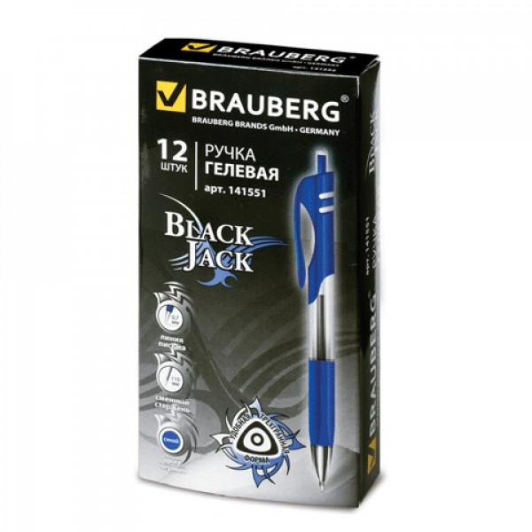 Ручка гелевая 0.5 Brauberg автоматическая "Black Jack", корпус трехгранный, резин держ , синяя, 141551