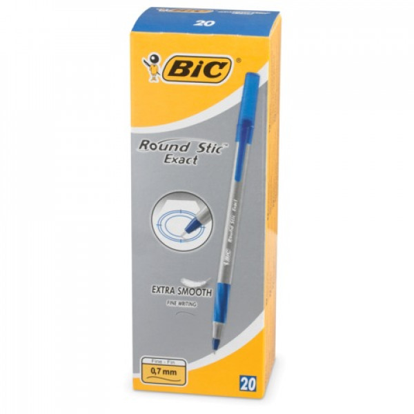 Ручка шар с грипом BIC "Round Stic Exact", СИНЯЯ, корпус серый, узел 0,8 мм, линия письма 0,3 мм, 918543