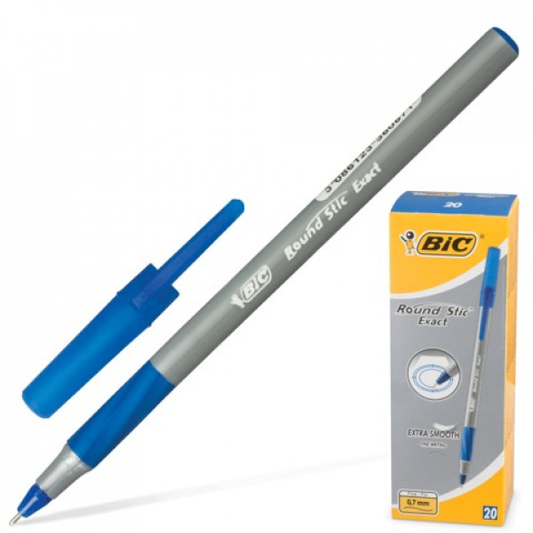 Ручка шар с грипом BIC "Round Stic Exact", СИНЯЯ, корпус серый, узел 0,8 мм, линия письма 0,3 мм, 918543