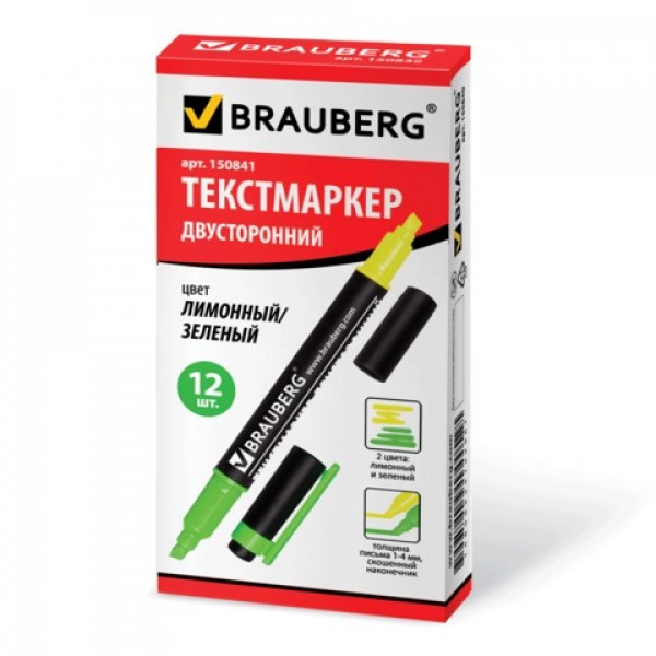 Текстовыделитель BRAUBERG двусторонний, скошенный наконечник 1-4 мм, лимонный/зеленый, 150841