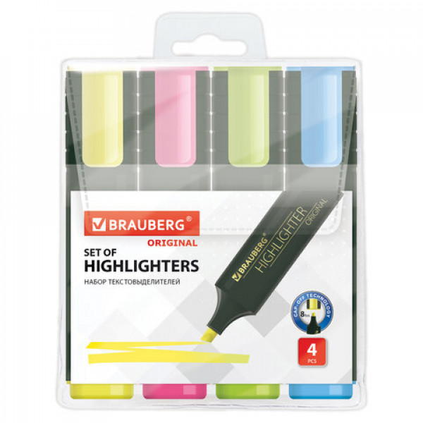 Набор текстовыделителей 4 ЦВЕТА, BRAUBERG "ORIGINAL", линия письма 1-5 мм, 151689