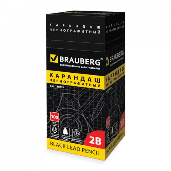 Карандаш ч/гр BRAUBERG, 1 шт , "Touch line", 2В, корпус черный, без резинки, заточенный, 180623