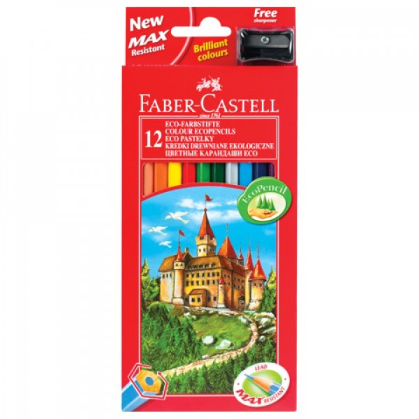 Карандаши цветные FABER-CASTELL "ECO Замок", 12 цв., с точилкой, картонная упаковка с европодвесом, 120112