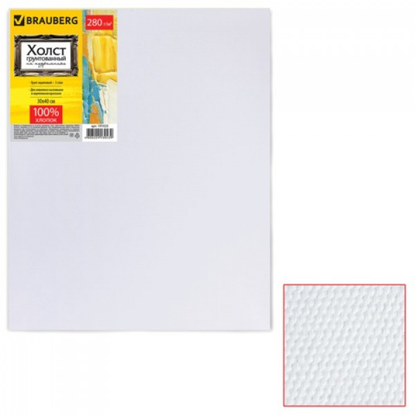 Холст грунтованный на подрамнике BRAUBERG ЭКОНОМ, 30х40 см, 100% хлопок, мелкое зерно, 191023