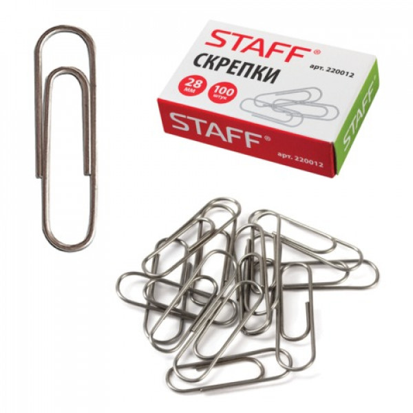 Скрепки STAFF, 28 мм, металлические, 100 шт., в картонной коробке, Россия, 220012