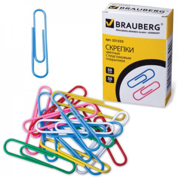 Скрепки BRAUBERG, 50 мм, цветные, 50 шт., в картонной коробке, 221533