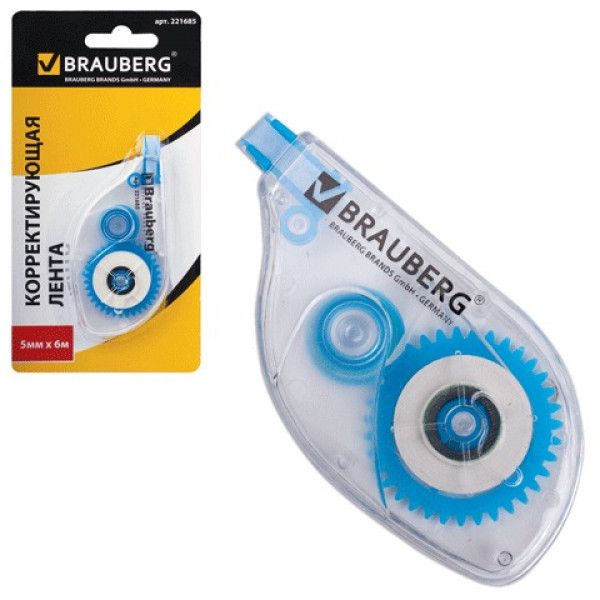 Корректирующая лента BRAUBERG, 5 мм х 6 м, в блистере, 221685