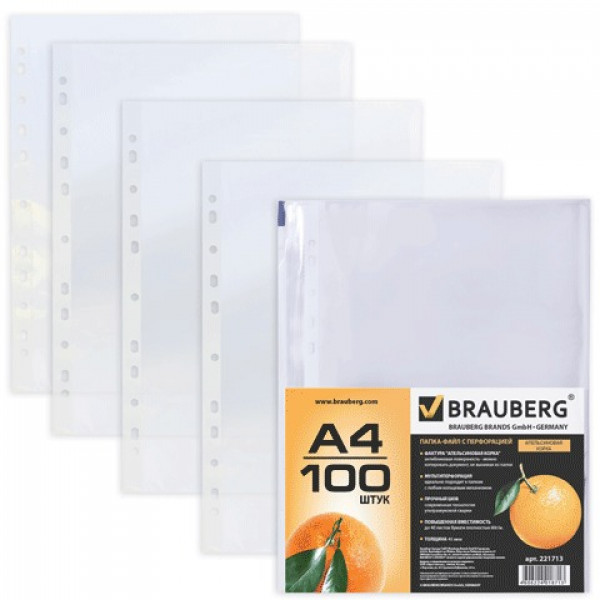 Файл-вкладыш, А4, BRAUBERG, комплект 100 шт., "апельсиновая корка", 0,045 мм, 221713