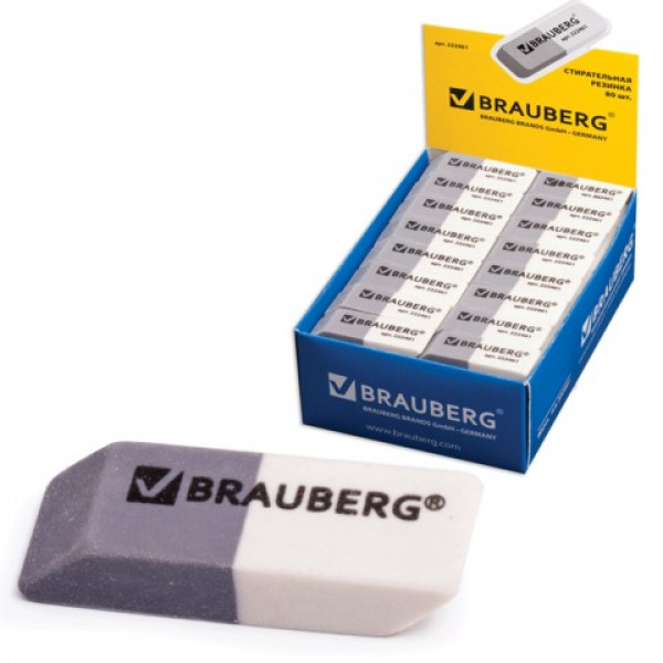 Ластик BRAUBERG Assistant  41х14х8 мм, серо-белый, в картонном дисплее, 222461