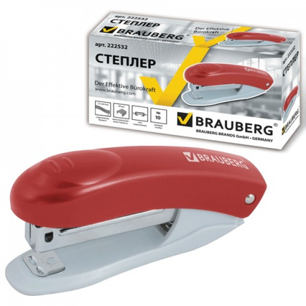 Степлер №10 BRAUBERG "Original", до 12 листов, с антистеплером, красный, 222532