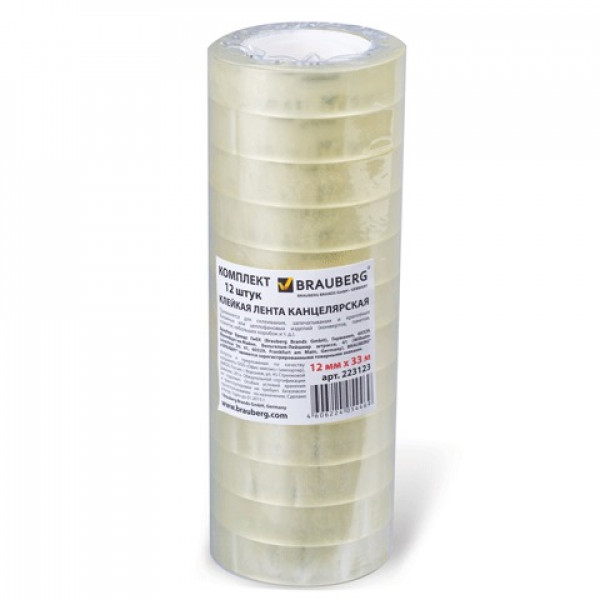 Клейкие ленты 12 мм х 33 м канцелярские BRAUBERG, комплект 12 шт., прозр., гарант. длина, 223123