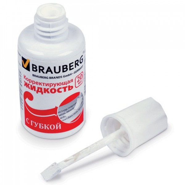 Корректирующая жидкость 20мл BRAUBERG Premium спирт/губка ярко-белая 224090