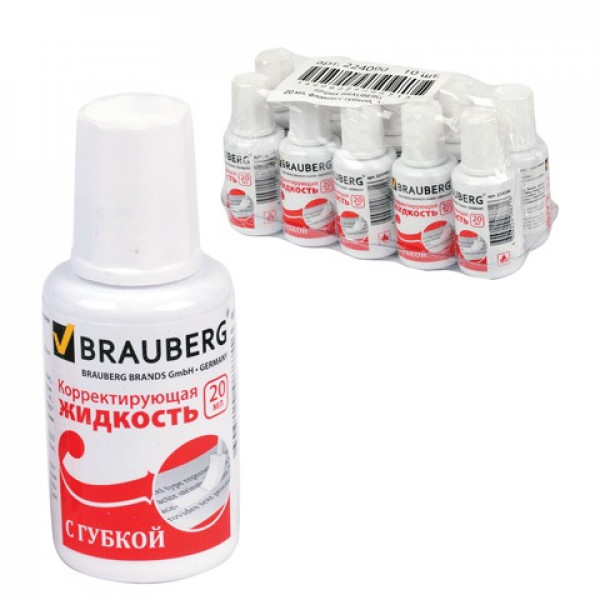 Корректирующая жидкость 20мл BRAUBERG Premium спирт/губка ярко-белая 224090