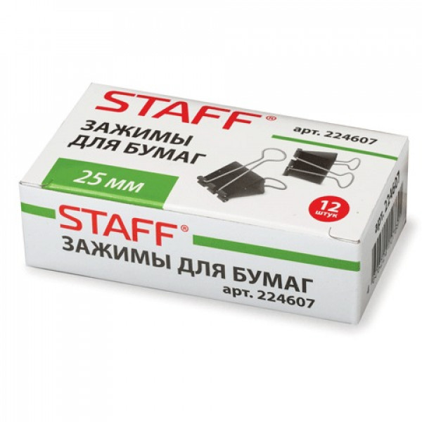 Зажим для бумаг STAFF, комплект 12 шт., 25 мм, на 100 листов, черные, в картонной коробке, 224607