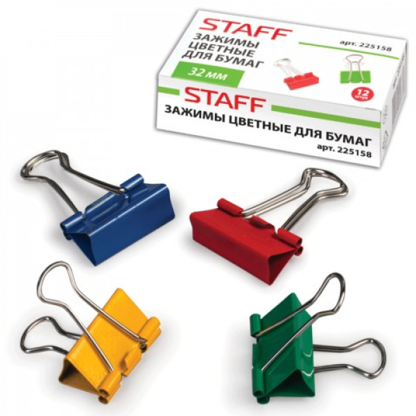 Зажим для бумаг STAFF, комплект 12 шт., 32 мм, на 140 листов, цветные, в картонной коробке, 225158