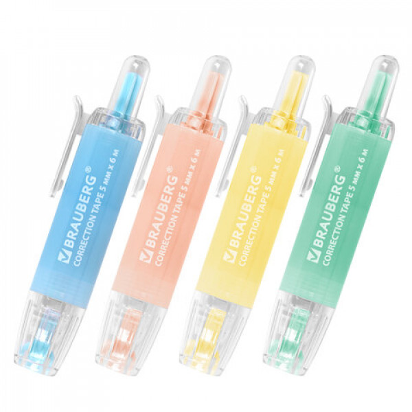 Корректирующая лента BRAUBERG PASTEL 360, 5 мм х 6 м, ассорти, автоматическая, блистер, 272662
