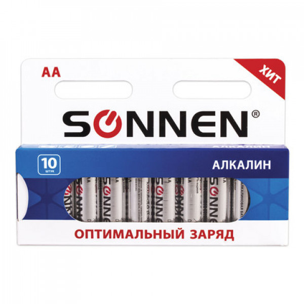 Батарейки SONNEN, AA (LR6), комплект 10 шт., АЛКАЛИНОВЫЕ, в блистере, 1,5 В, 451086