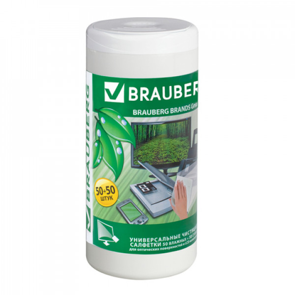 Чистящие салфетки BRAUBERG для LCD (ЖК)-мониторов, сухие и влажные в тубе, 50+50 шт., 510121