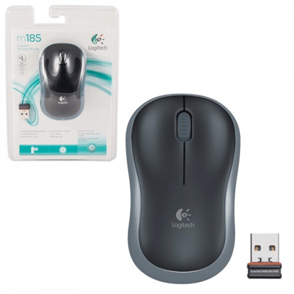 Мышь беспроводная LOGITECH M185, 2 кнопки + 1 колесо-кнопка, оптическая, черно-серая, 910-002238